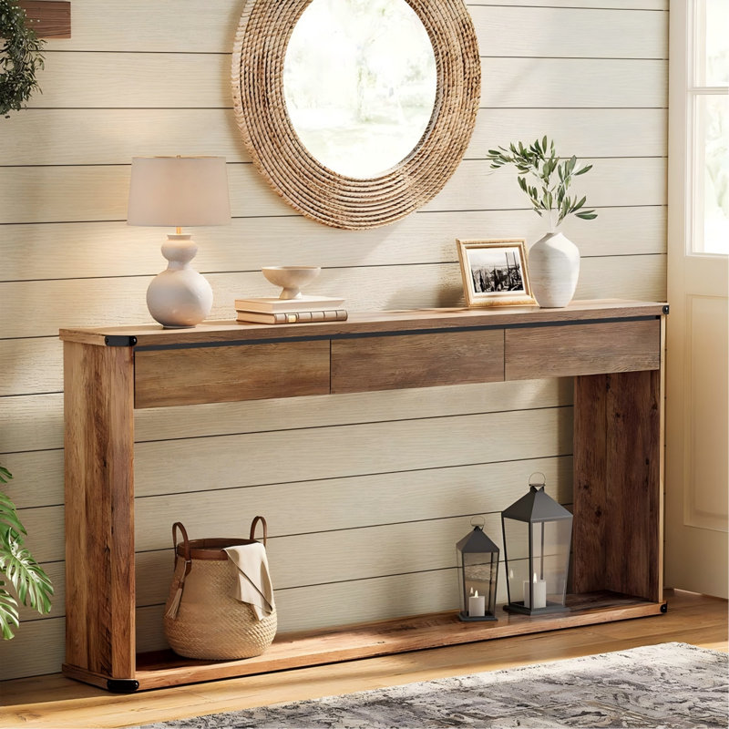 Marasco Console Table With 3 Drawers,  Narrow Entryway Table, Farmhouse Style, Honey Brown, 29.9" H x 63" W x 9.4" D
