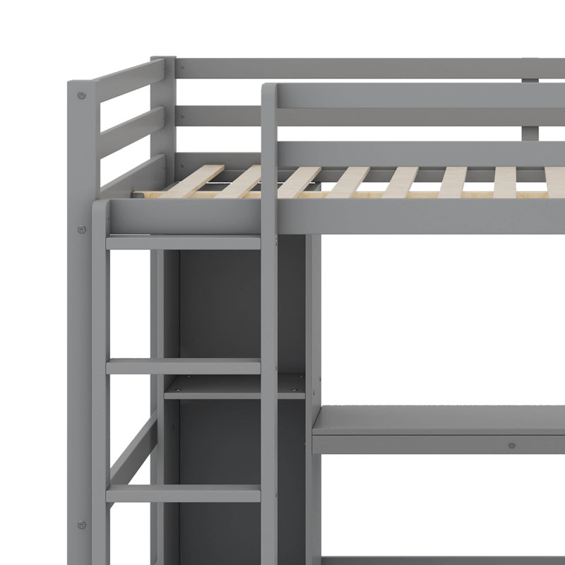 Lit mezzanine double avec tablettes multifonctionnelles et bureau sous le lit, Gris