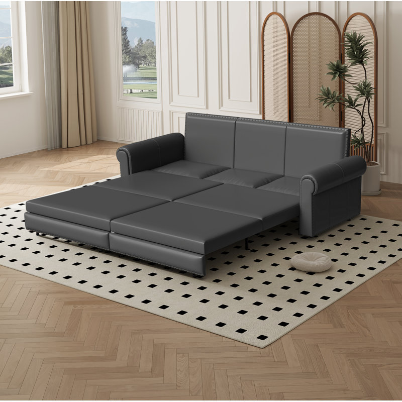 3-In-1 Faux Leather Convertible Sleeper Sofa, Gray