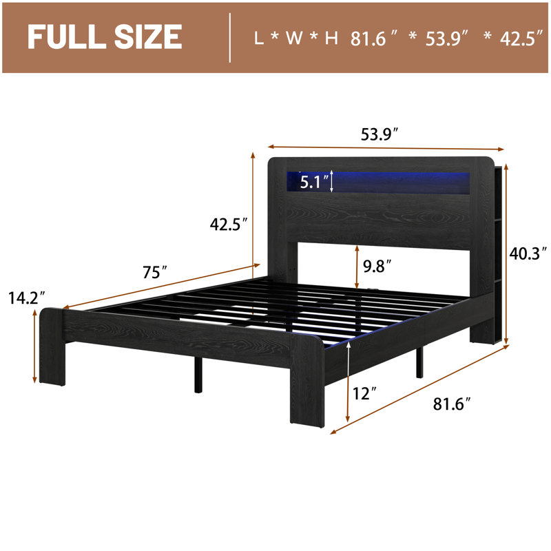 King Size Solid Wood Platform Bed,Bed Frame With Storage LED Light Headboard And 2 USB,Dark Black, King, Black
