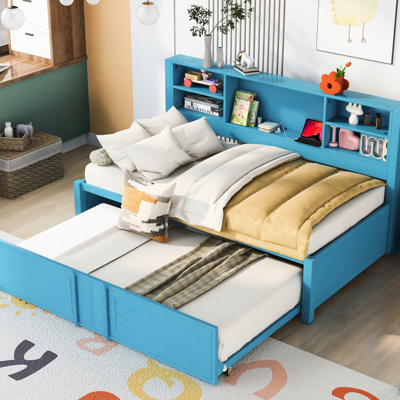 Lit de jour simple en métal avec couchette, ports, tablettes de rangement - rangement bleu, ports captivants