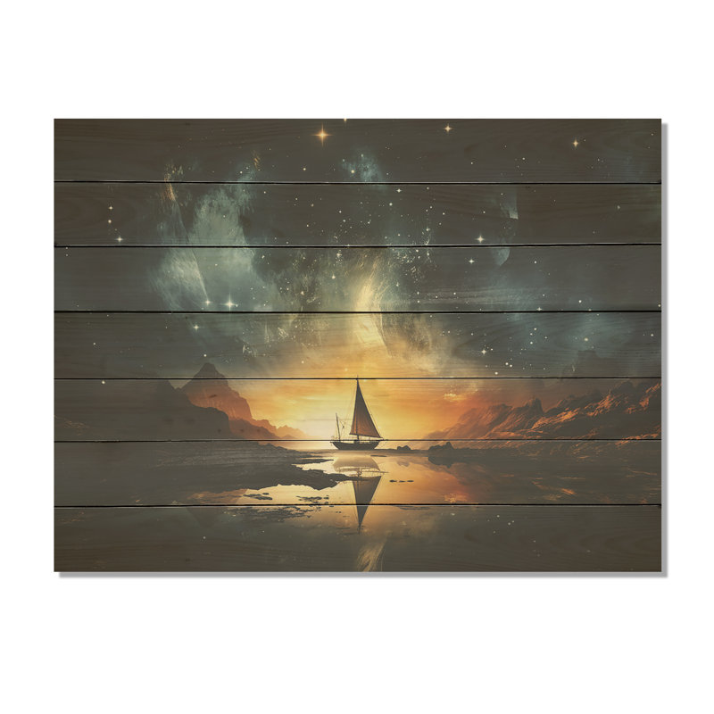 Silhouette de voilier au coucher de soleil au clair de lune - Minimalisme côtier sur bois, H 10 po x l 20 po x P 0,78 po