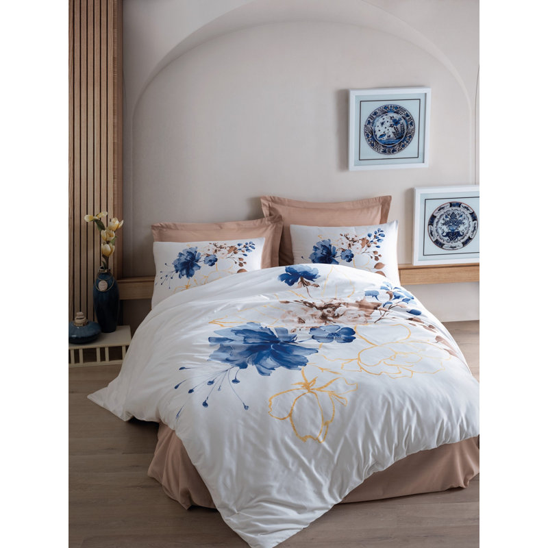 Ensemble de housse de couette 100% coton beige / bleu / blanc Stelo 4 pièces