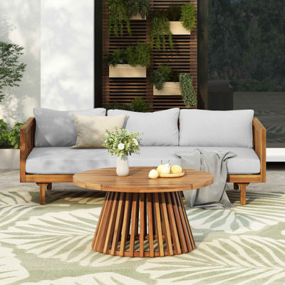 Acacia Wood Patio Furniture Set,Outdoor 3 Seater Daybed(With Water Resistant Thick Cushions)And Round Coffee Table, Light Gray Cushion