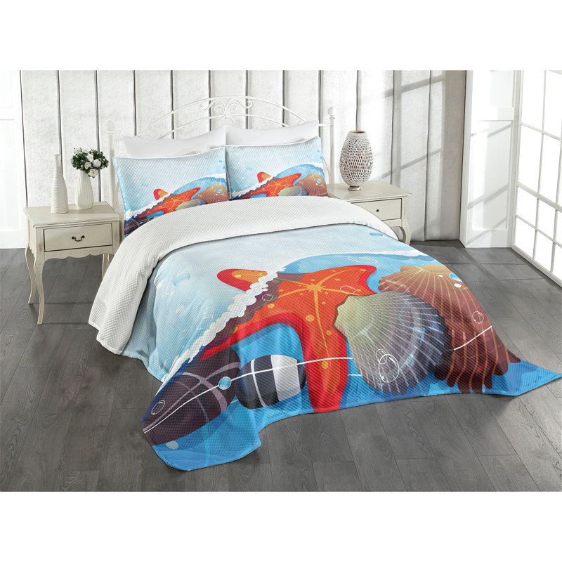 Ambesonne Starfish Bedspread Foaming Ocean Multicolor, Queen Bedspread + 2 Standard Shams