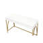 Bureau rectangulaire moderne blanc laqué brillant avec pieds en métal doré et 2 tiroirs de rangement pour un espace de travail pratique.