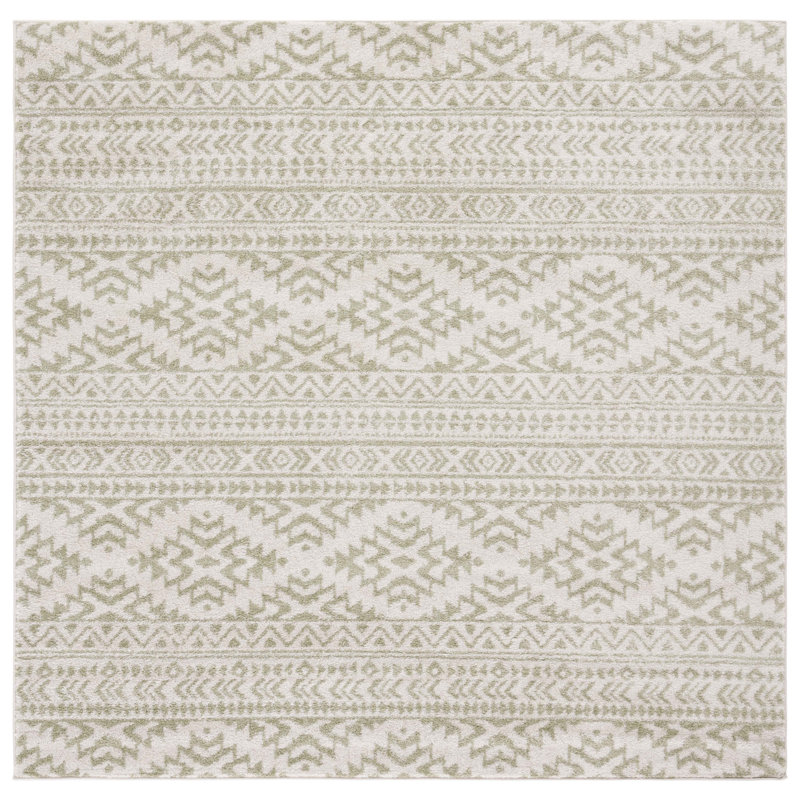 Lorenco Southwestern Machine Made Power Loom Polypropylene Area Rug in Ivory/Sage, Square 6'7"