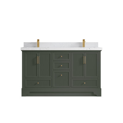 Meuble-lavabo double autoportant de 60 po avec plateau en quartz Alys (option poignées)