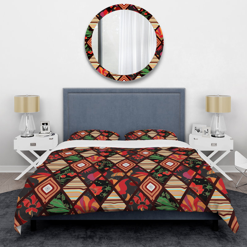 Ensemble de housse de couette orange et vert Patchwork, Housse de couette pour très grand lit et 2 très