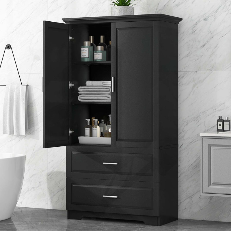 Armoire de salle de bain haute polyvalente avec plusieurs compartiments et fabrication durable, Noir