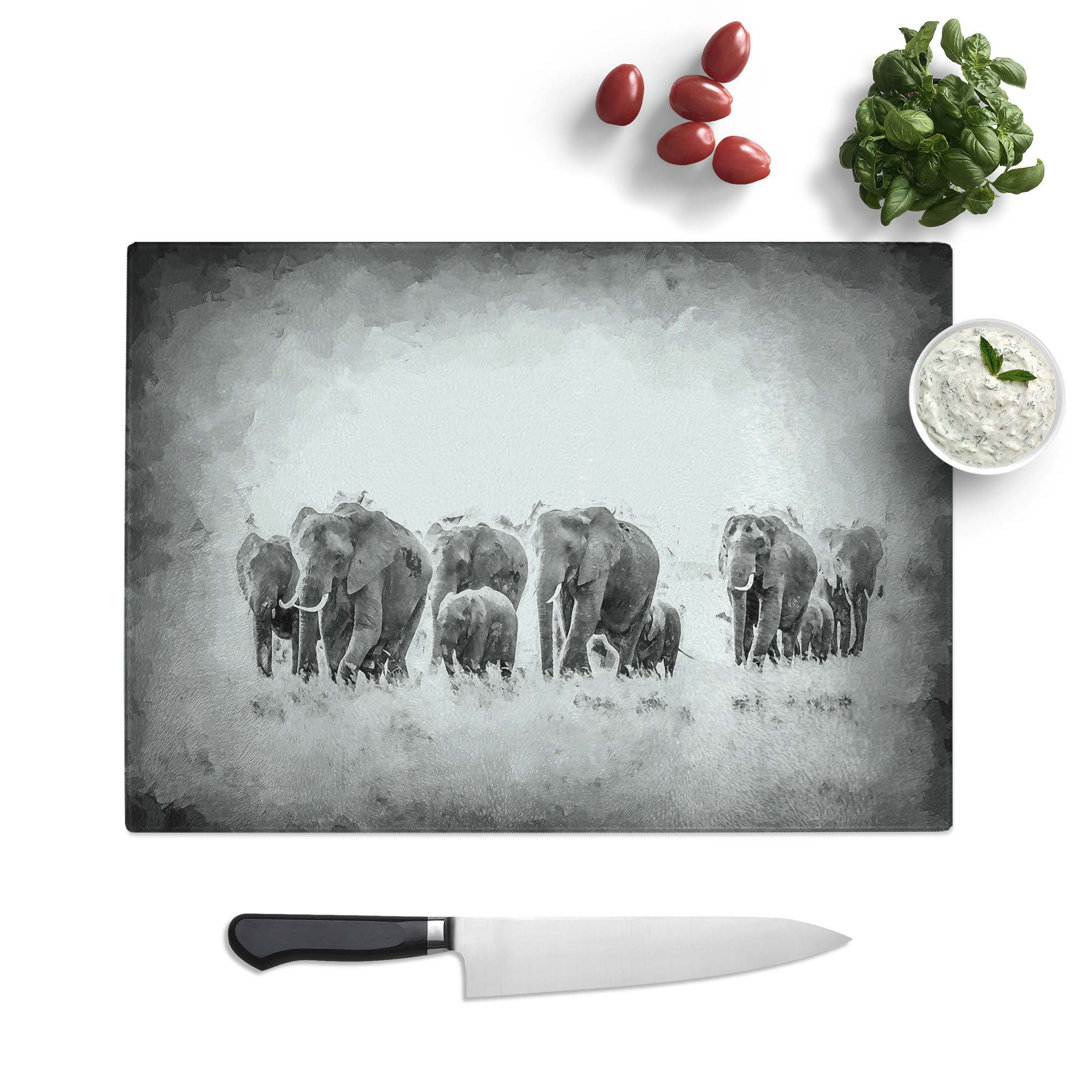 Glass Herd of Elephants Roaming in Abstract Chopping Board