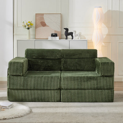 Sisler 71" Convertible Upholstered  Corner Modular Loveseat Compression Convertible Corduroy Sofa, No Assembly Required, with Storage Pockets, Sleeper Floor Couch
