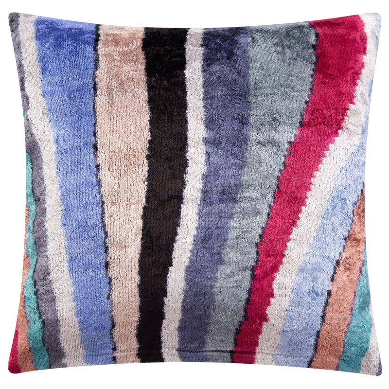 Coussin décoratif en velours fait à la main - 16 po x 16 po, teint naturellement végétal, plume de qualité supérieure - motif rayé multicolore, décoration luxueuse