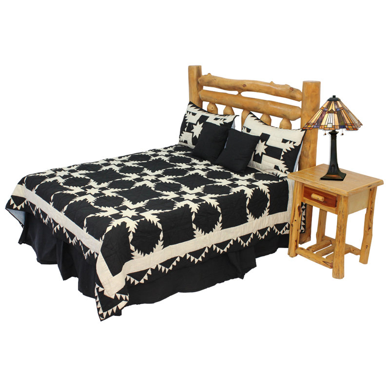 Feathered Star Rustic Cotton Patchwork Quilt, Black, Super Queen Quilt