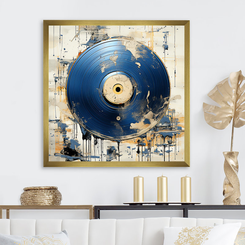 Disque vinyle blanc et bleu Melody, Cadre doré simple, H 16 po x l 16 po x P 1 po