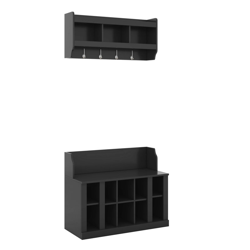 Hall Tree With Bench, Modern Hall Tree Entryway Furniture With Shelves And 4 Hook, Shoe And Coat Rack Set For Entryway, Black