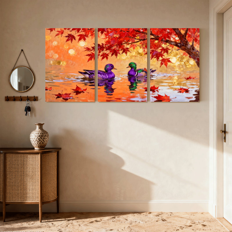 «Birds Autumn Leaves Ducks Water Reflections», ensemble de 3 impressions sur toile, H 18 po x l 36 po