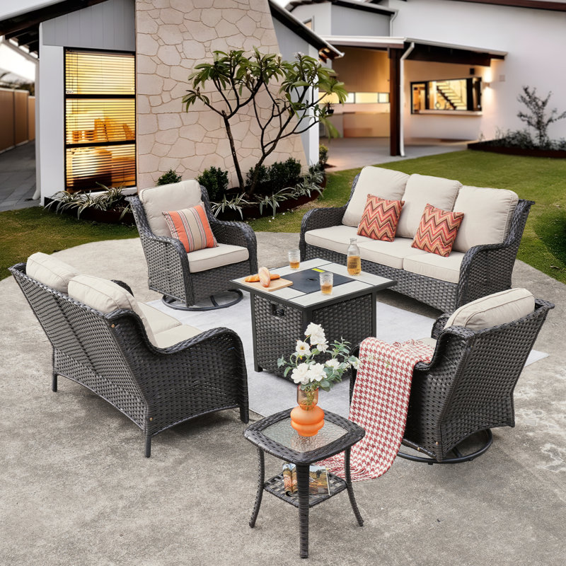 Klodjana Premium All-Weather Wicker 7 - Person Patio Conversation Set with Cushions, Beige, Brown