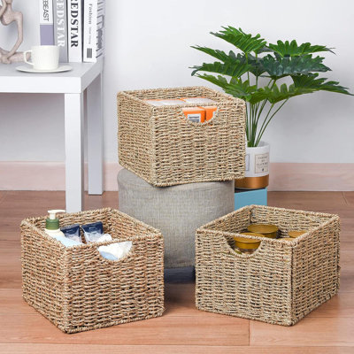 Paniers de rangement Seagrass avec étiquettes, panier de rangement en osier, paniers de rangement pour tablettes, ensemble de 3 paniers de rangement, paniers de rangement de cuisine, panier de rangement de tablettes de salle de bain