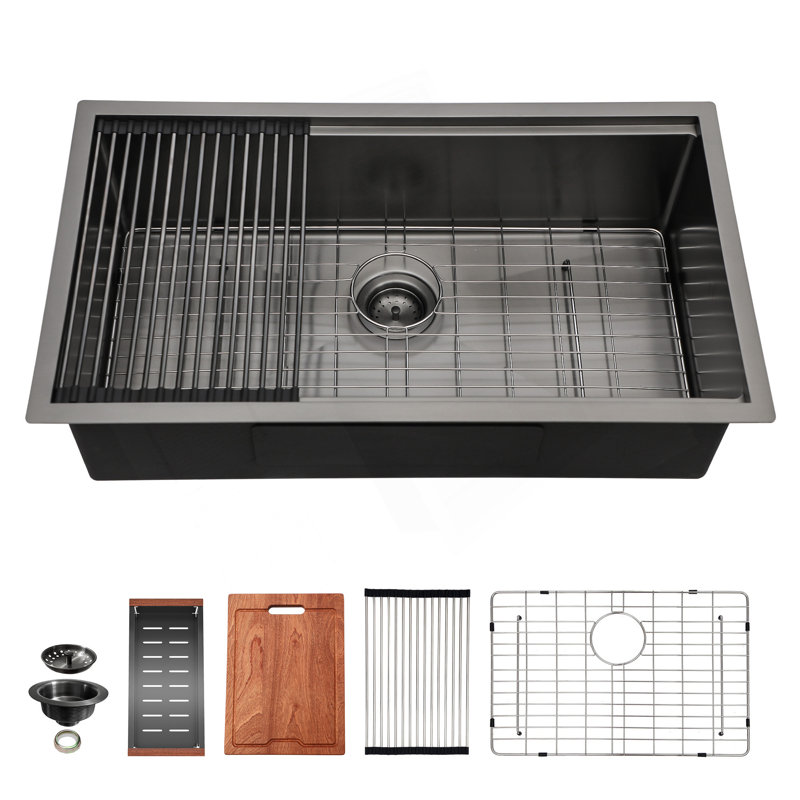 Évier de cuisine noir Gunmetal - station de travail à simple cuve encastrable 28 po x 18 po x 10 po
