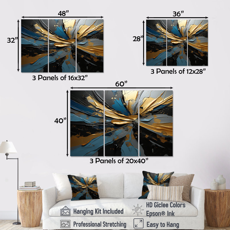 «Abstract Waves Blue Gold Outburst», ensemble de décorations murales abstraites, H 28 po x l 36 po x P 1 po, Toile tendue