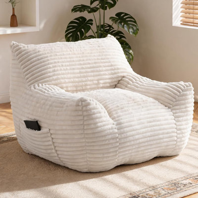  Giant Plush Bean Bag Chair for Adults with Armrests - Oversized Comfy White Beanbag with Side Pocket Lounge Lazy Floor Sofa Accent Chair for Living Room, Bedroom & Dorm