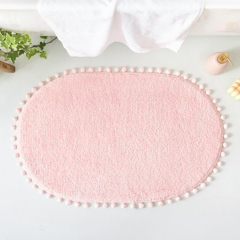 Yirddeo Bath Mat Oval Rug With Pom, Boho Rugs For Bedroom And Bathroom With Non Slip, Single- 30" L x 20" W, Blush