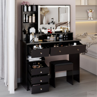 41" Large Sized Desktop Vanity Table + Cushioned Stool, Oversized Desktop, Large Touch Control LED Mirror, 3-Color Switch, Multi Layer High Capacity Storage Fashion Dresser, EPA, GCC, UL Certificate