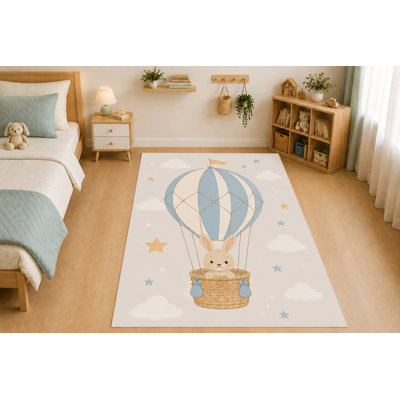 "Ultra Thin" 5' x 7' Bear Hot Air Balloon Area Rug for Kids Room, Bedroom, Living Room and Home Office, Soft Low Pile Carpet with Non-Slip Silicone Backing
