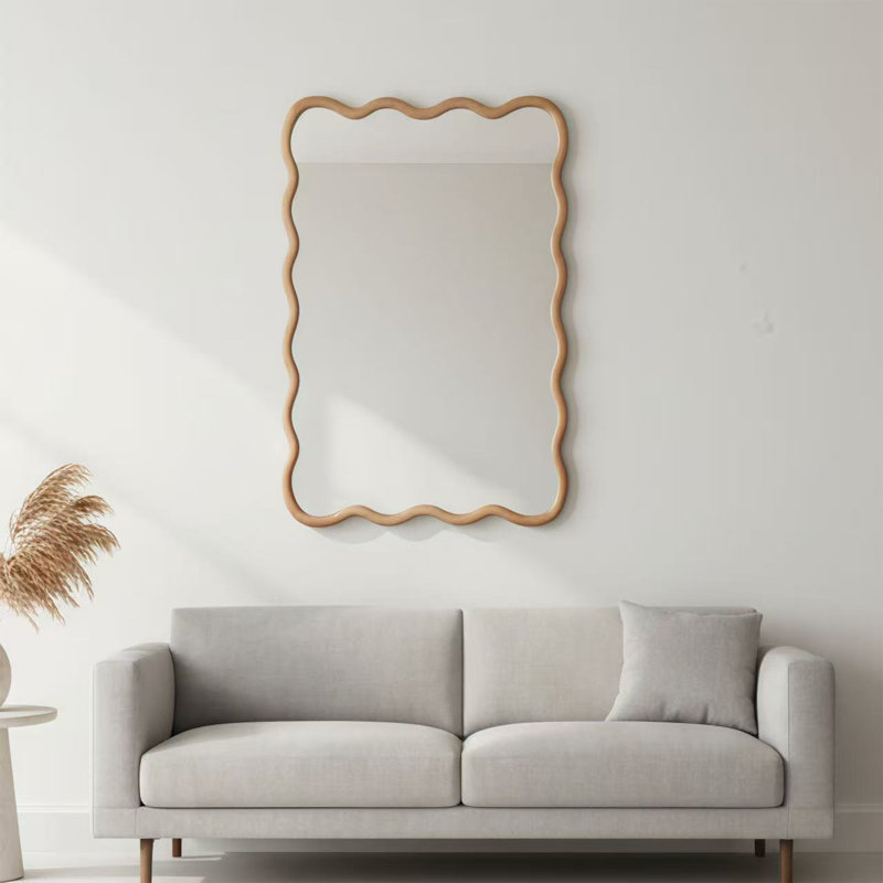 Wavy Rectangle Solid Wood Frame Decorative Mirror For Bedroom, Bathroom, Living Room, Entryway, Natural, 30" x 20"