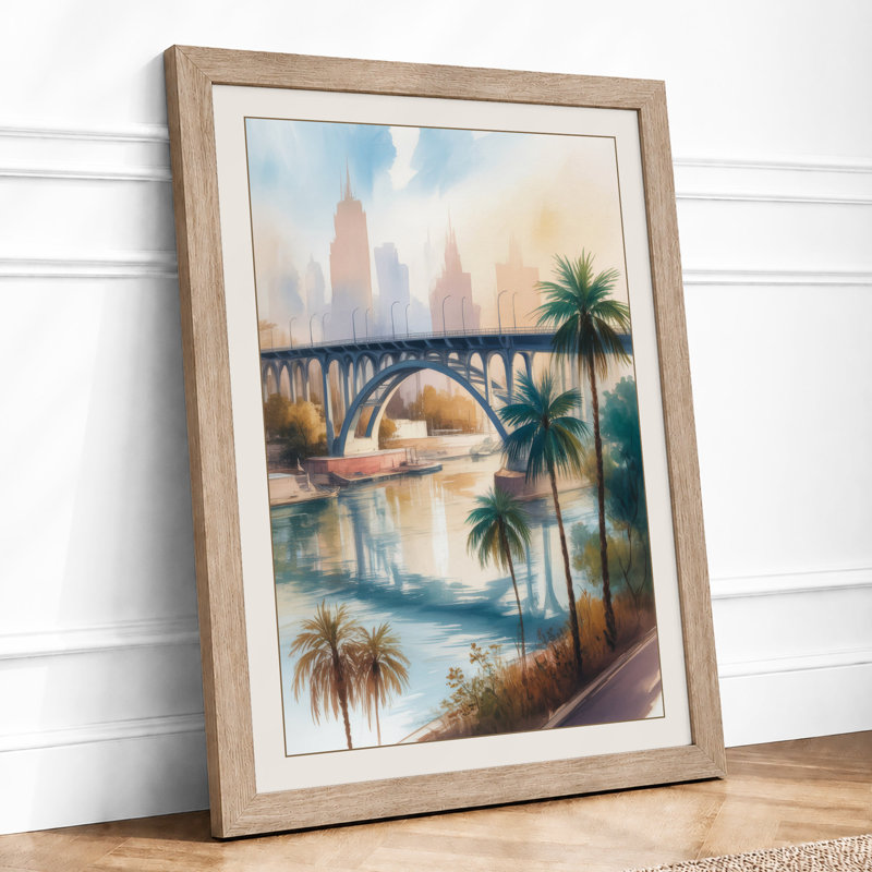 Bridge Over Water Coastal - Framed Print, A4 - 29.7 x 21.0 cm, Oak