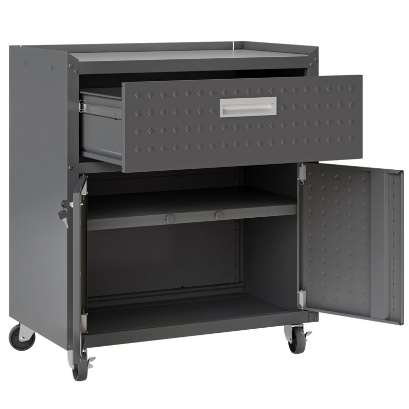 31,5 po H 31,5 po Armoires de rangement en forme de losange de garage verrouillable, petite armoire de rangement en métal avec tablette réglable et tiroir à pleine extension, armoire de garage à roulettes robuste, gris anthracite
