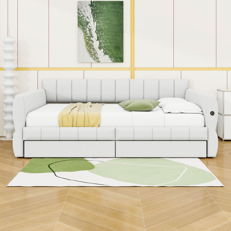 Grand lit plateforme tapissier avec ports USB et 2 tiroirs de rangement, Blanc