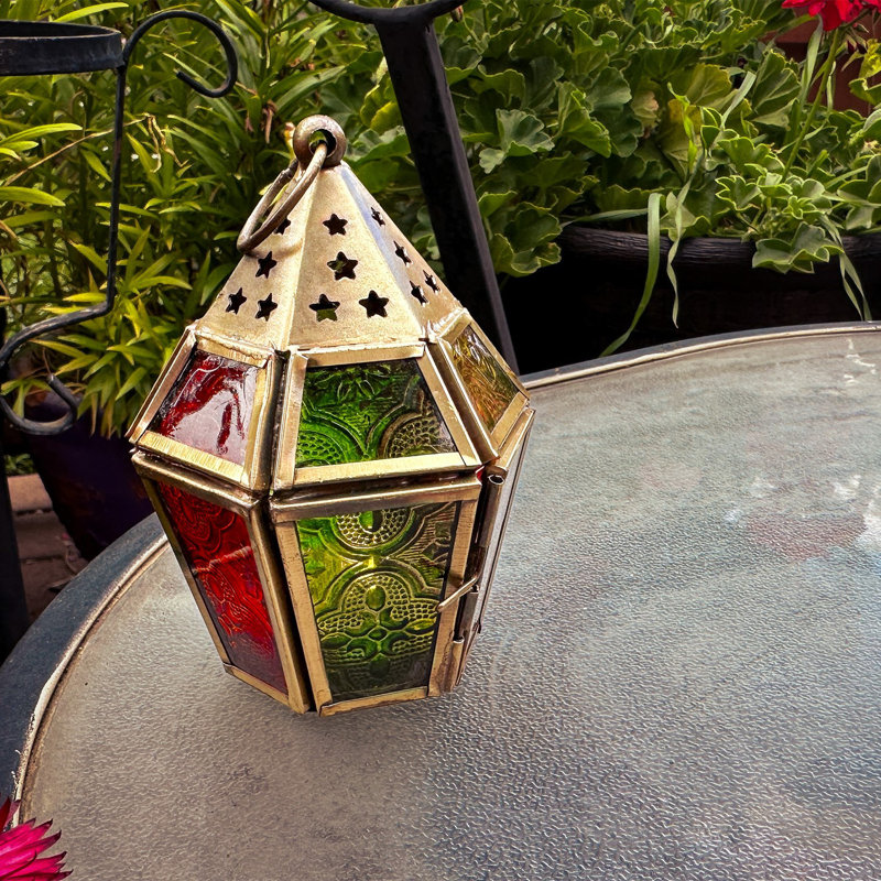 Mini lanterne hexagonale en verre, Vert / Rouge / Jaune