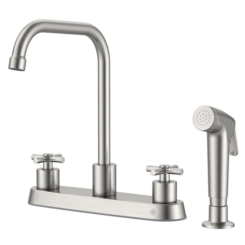 Two-Handle 4-Hole 8" Centerset Kitchen Faucet With Side Sprayer, Brushed Nickel