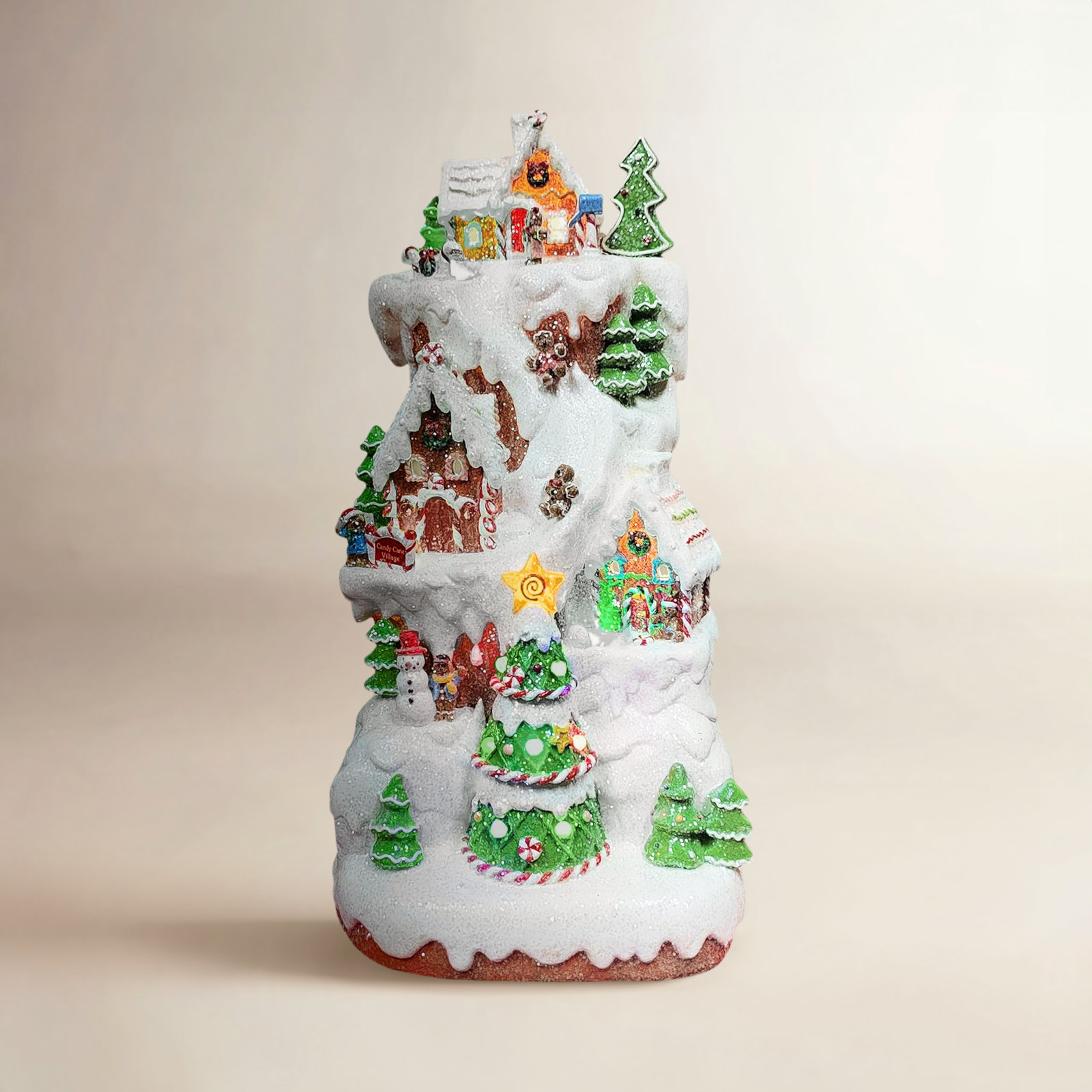 15.75" Gingerbread Village Multi-Tiered Mountain - LED Lights, 8 Music, Battery - Hand-Painted Resin