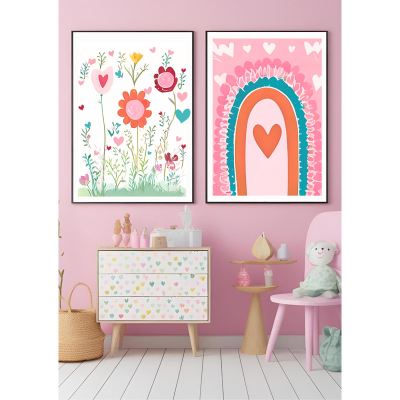 Floral, Heart & Rainbow Wall Art – A4 Size Prints | Nursery & Kids Room - Set Of 2