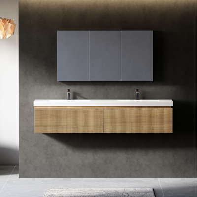 Meuble-lavabo flottant double à surface solide blanc brillant double 72 po, armoire murale rayée, finition chêne naturel, tiroirs texturés ondulés, rails silencieux, installation d'unité de salle de bain sans tracas