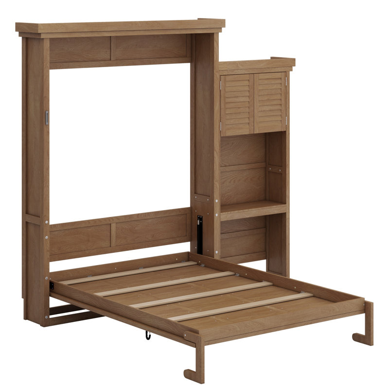 Lit escamotable avec plusieurs tablettes de rangement et décoration à persiennes, Bois