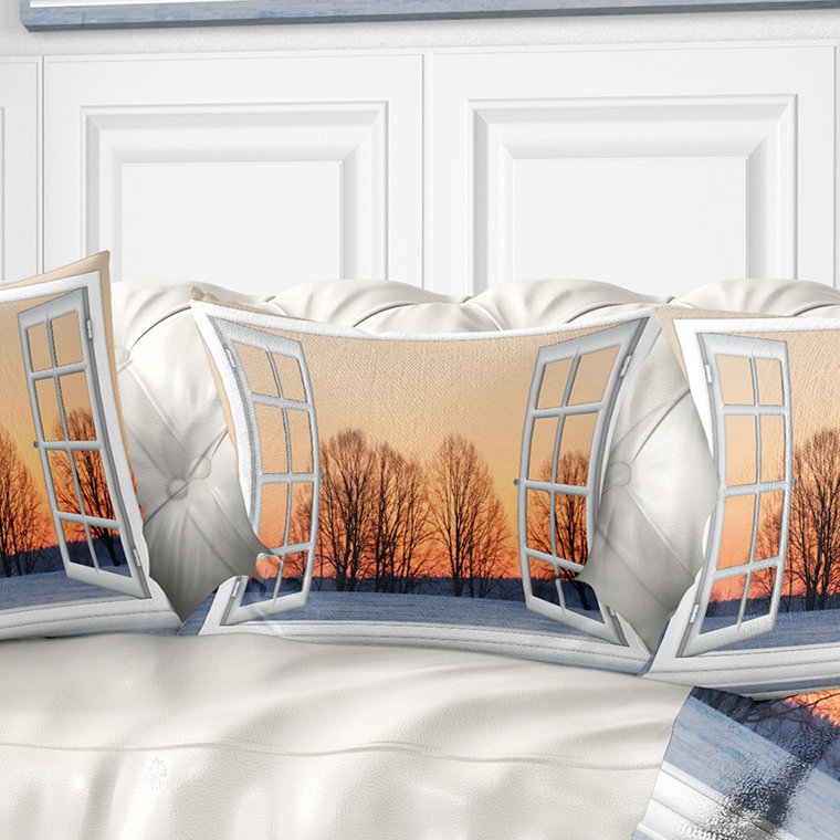 Coussin paysage avec fenêtre ouverte, 18 po x 18 po, Coussin décoratif