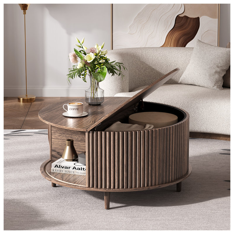 Table basse ronde ronde avec rangement, table basse cylindrique cannelée en noyer de 31,5 po avec porte coulissante, table de centre de cercle Mid-Century moderne pour le salon