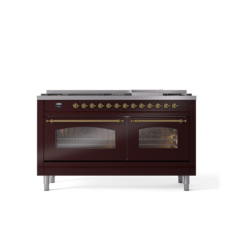 ILVE Nostalgie II 60 Dual Fuel Range, 9 Burners, Griddle, Glossy Black/Bronze, Natural Gas