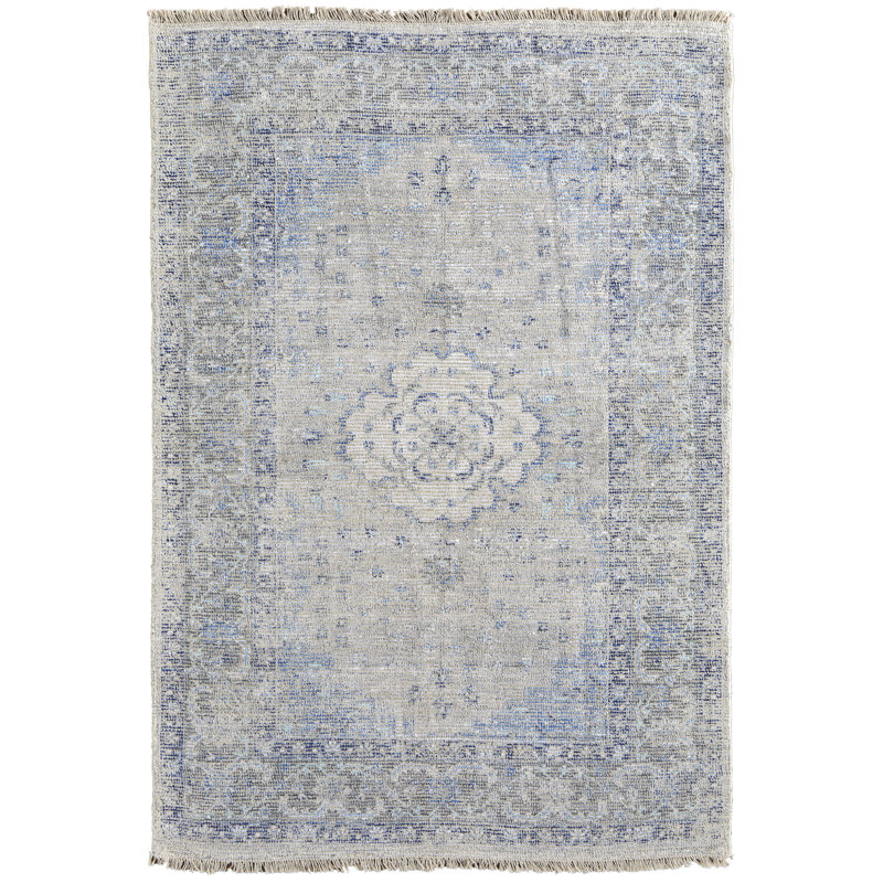 Tapis oriental en laine / bleu jute tissé à plat à la main Stefano, Rectangle 10 pi x 14 pi