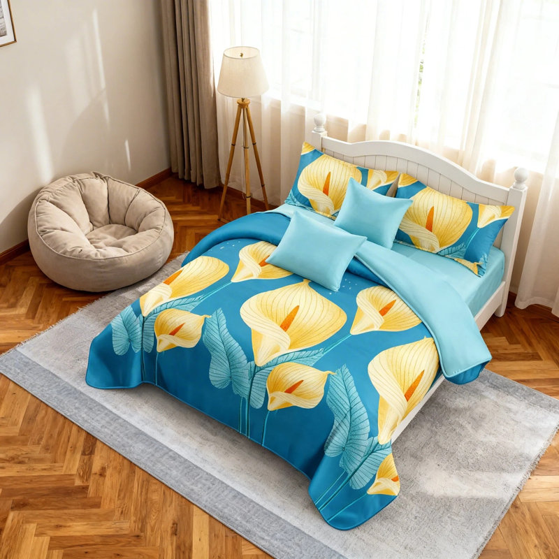 Ensemble d'édredon très grand californien 9 pièces, lit de luxe toutes saisons dans un sac pour la chambre à coucher, avec rideaux assortis, microfibre douce, lis Calla jaune
