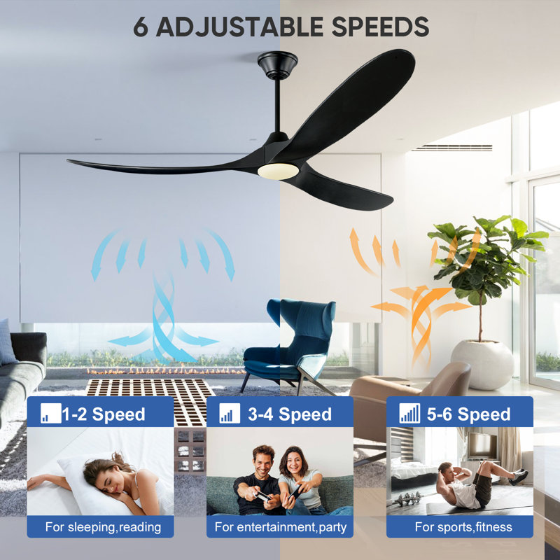 Ventilateur de plafond en bois massif à 3 pales avec lumière et télécommande, 70 po de largeur, Noir