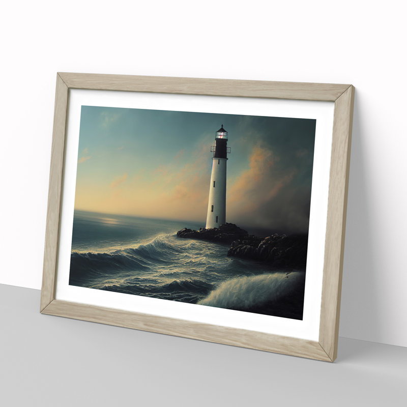 Shimmering Lighthouse Seascape - Framed Print, 34cm H x 46cm W x 2cm D, Oak