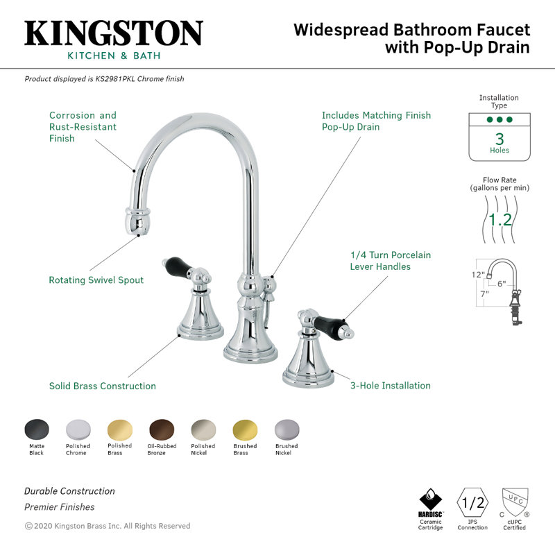 Kingston Brass Duchess Two-Handle 3-Hole Deck Mount Widespread Bathroom Faucet with Brass Pop-Up Drain, Matte Black