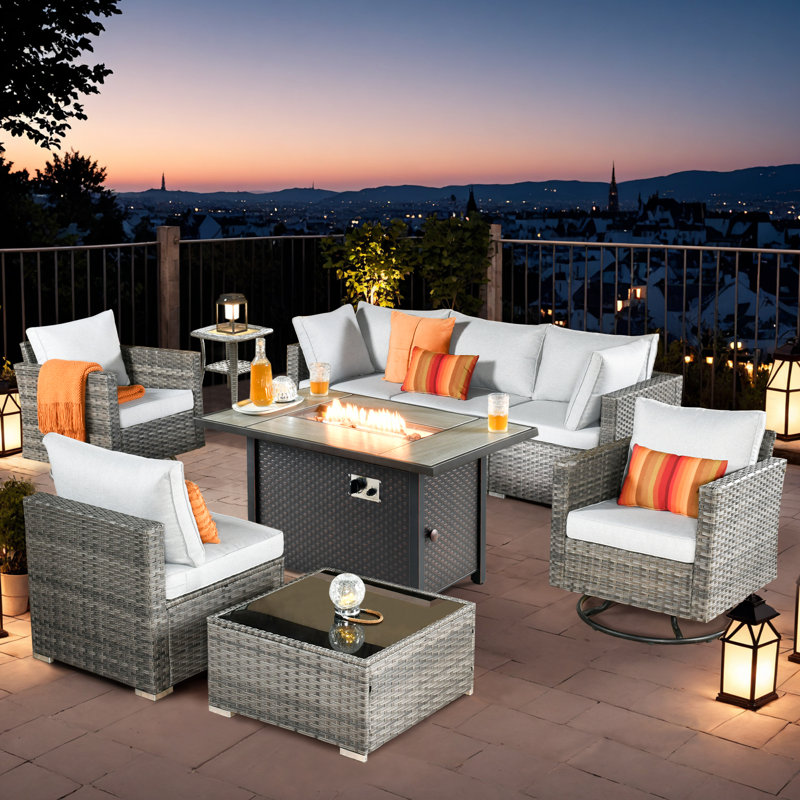 Wicker 6 - Person Outdoor Seating Group With Cushions With Fire Pit Table And Swivel Rocking Chairs, Light Gray