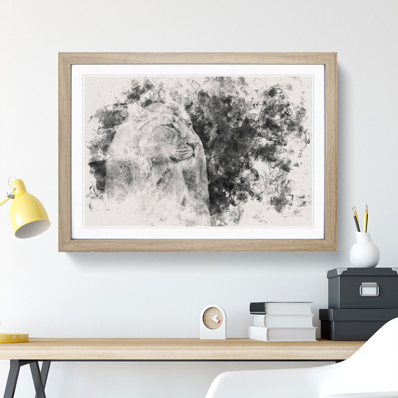 Wild Lioness Watercolour - Framed Print, 62cm H x 87cm W x 2cm D, Oak
