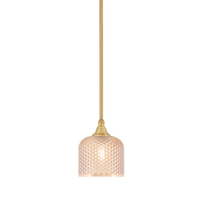 Shelton Hung Mini Pendant Shown In New Age Brass Finish With 6" Amber Textured Glass